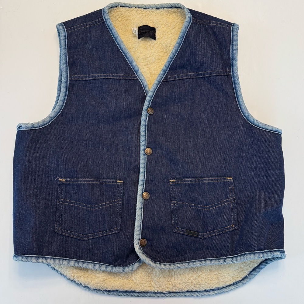 Sears Roebuck Vintage Denim Jean Rancher Western Vest Large Sherpa Western Hip